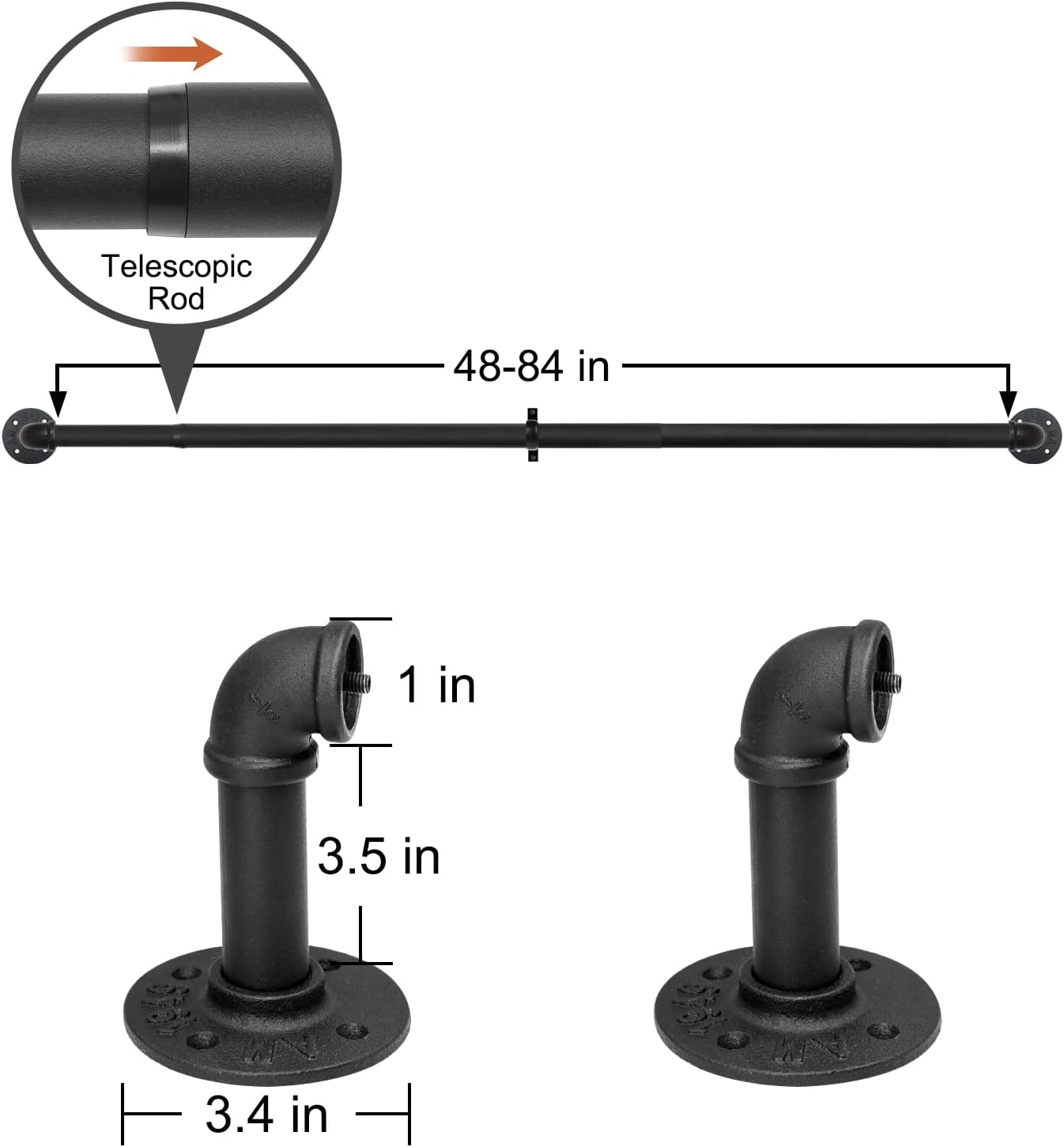 Refrze 2 Pack Curtain Rods for Windows 48 to 84 Inch, Industrial Curtain Rods Wrap Around, Heavy Duty for Bedroom & Outdoor, 48-84", "Black Curtain rod