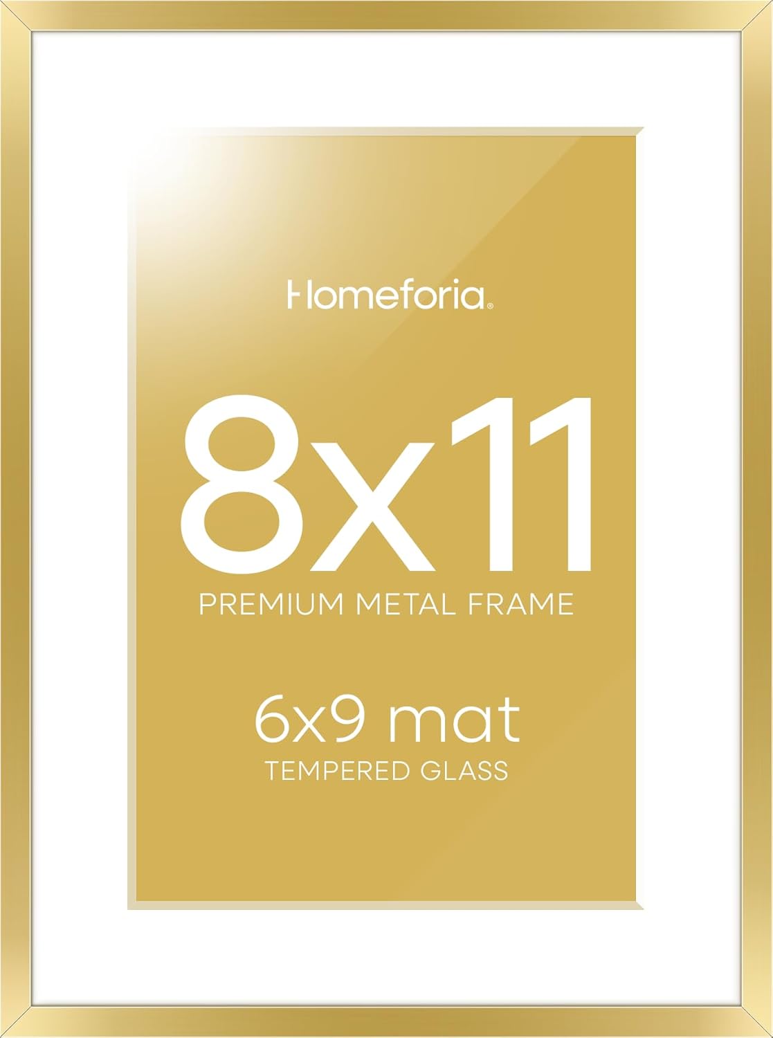 Homeforia 8x11 Picture Frame Gold, High End Metal 8 x 11 Poster Frames with Mat 6 by 9 for Photo, 11x8 Frame Matted to 6x9 inch Print, 8by11 Wall or Tabletop Frames, Tempered Glass, Wall Kit, Set of 1