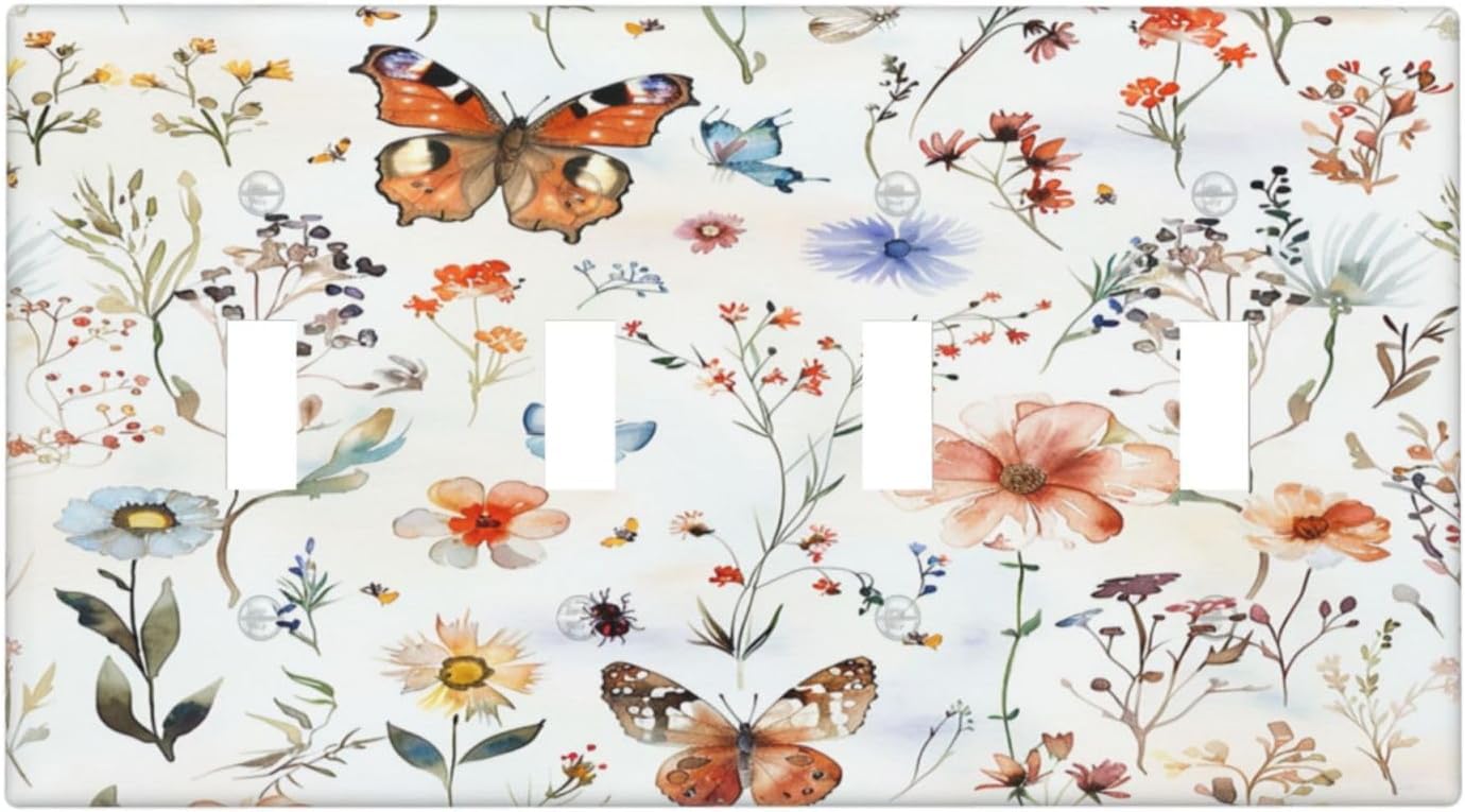 Light Switch Covers Butterfly Floral Boho Multicolor Flower Leave Quad Toggle Electrical Faceplate 4 Gang Wall Plate Decorative Switch Plates for Bed Room living Room Decor