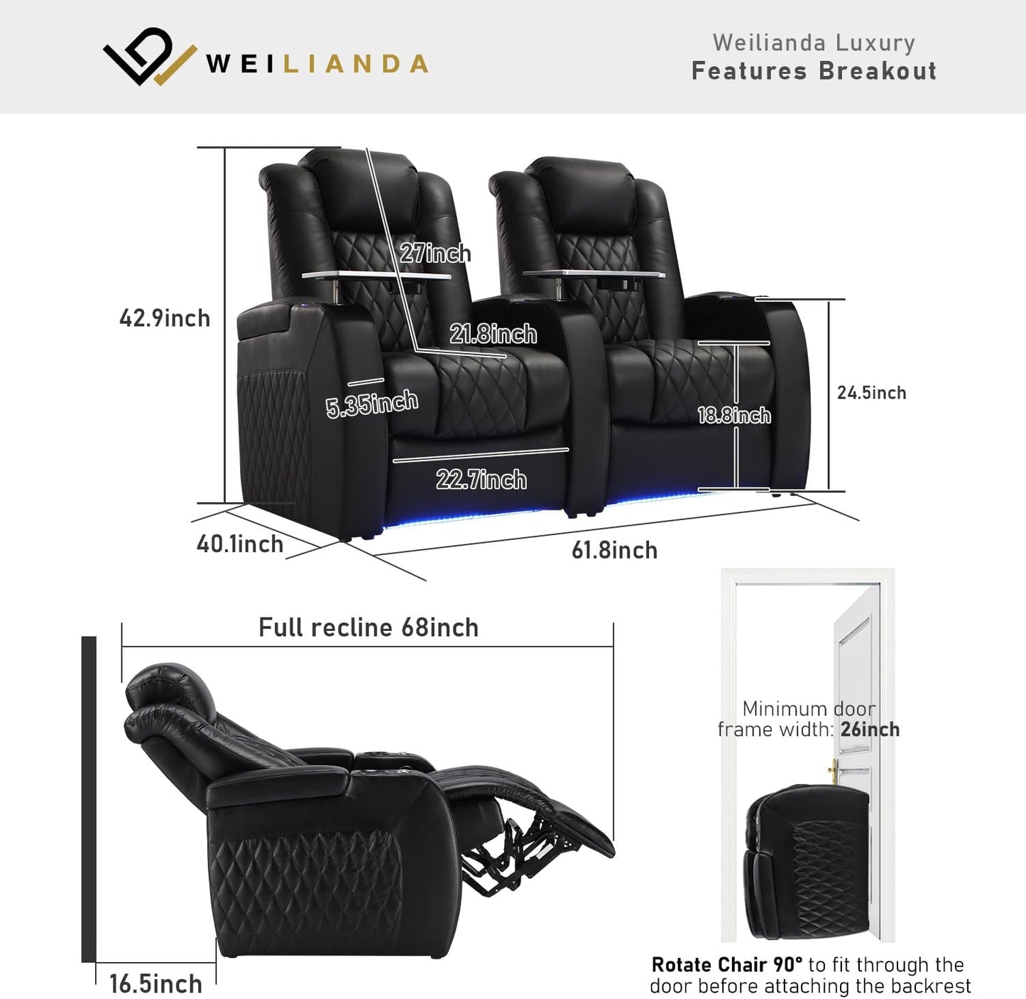 Weilianda Home Theater Seating Top Grain Leather Zero Gravity Recliner Chair Power Headrest Recline Movie Seat Gaming 7 Colors Mood Light Sofa with Tray Table USB Charge Row of 2 Black