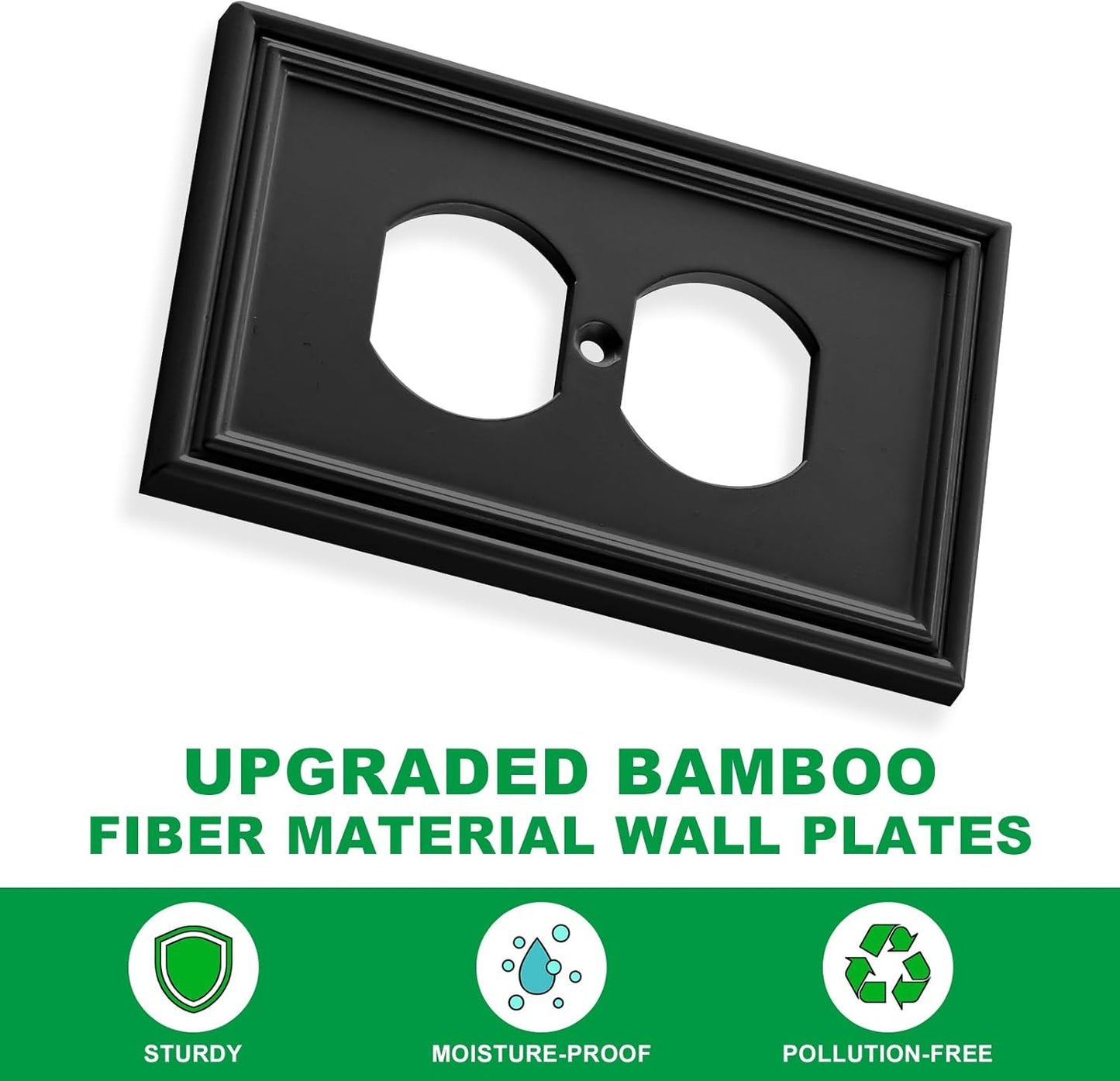 Black Modern Decorative Outlet Covers Wall Plate Electrical Switch Plates and Receptacle Outlet Covers Bamboo Fiber Material Wall Plates for Kitchen Bathroom (1 Gang Duplex Outlet-4 Pack)