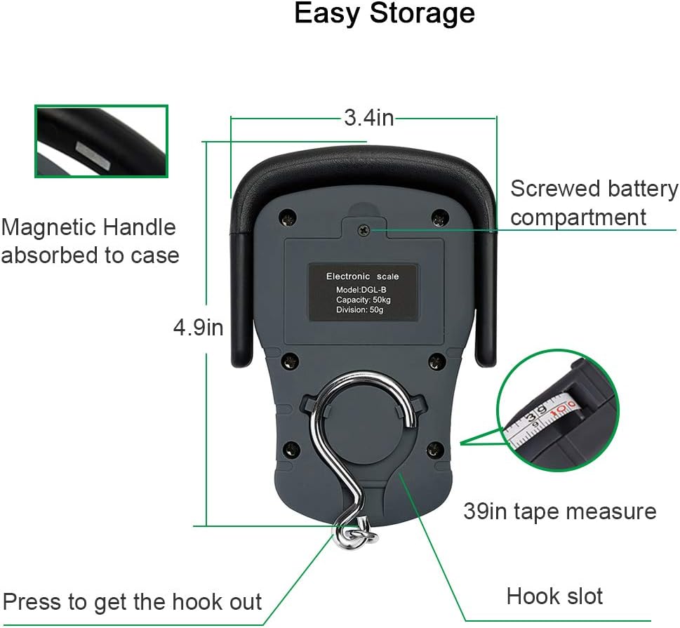 Digital Hanging Luggage Scale with Comfortable Handle and Large Hook, 110lb/50kg, Backlit Portable Scale for Travel Fishing with Tare/Hold Function, AAA Batteries Included, Grey