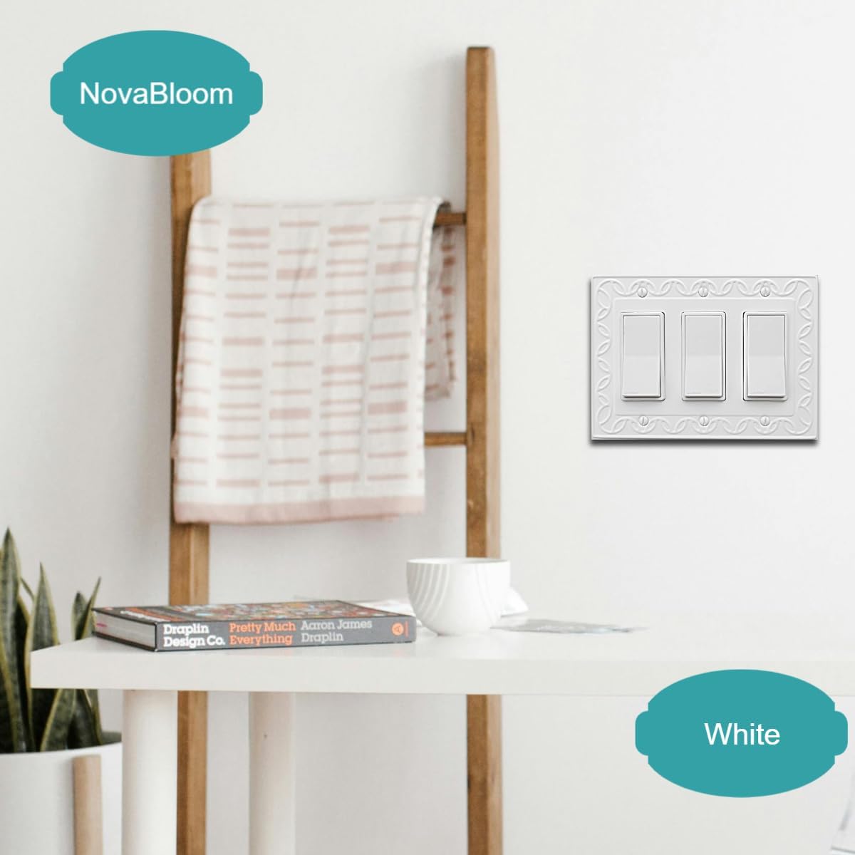 Triple Decorator Light Switch Cover NovaBloom Metal Wall Plate, 2-Pack White 3 Gang Triple Rocker, Receptacle Dimmer Switch Cover GFCI Outlet Decorative Wallplate, Durable
