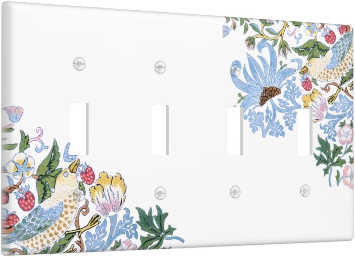 Decorative Light Switch Cover Plate Retro Morris Strawberry Rustic Plant Bird 4 Gang Wall Plate Oversized Quad Toggle Switch Cover Plate Jumbo Faceplate for Bedroom Decor