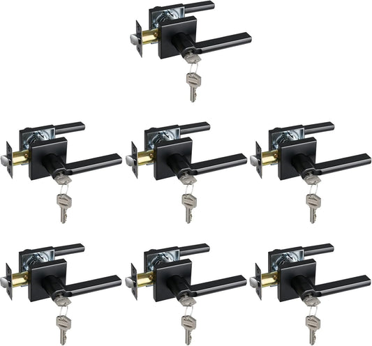 Keyed Entry Door Lever with Lock, Heavy Duty Square Interior Handle for Front Door and Office, Matte Black, Reversible for Right&Left Handed, 7Packs