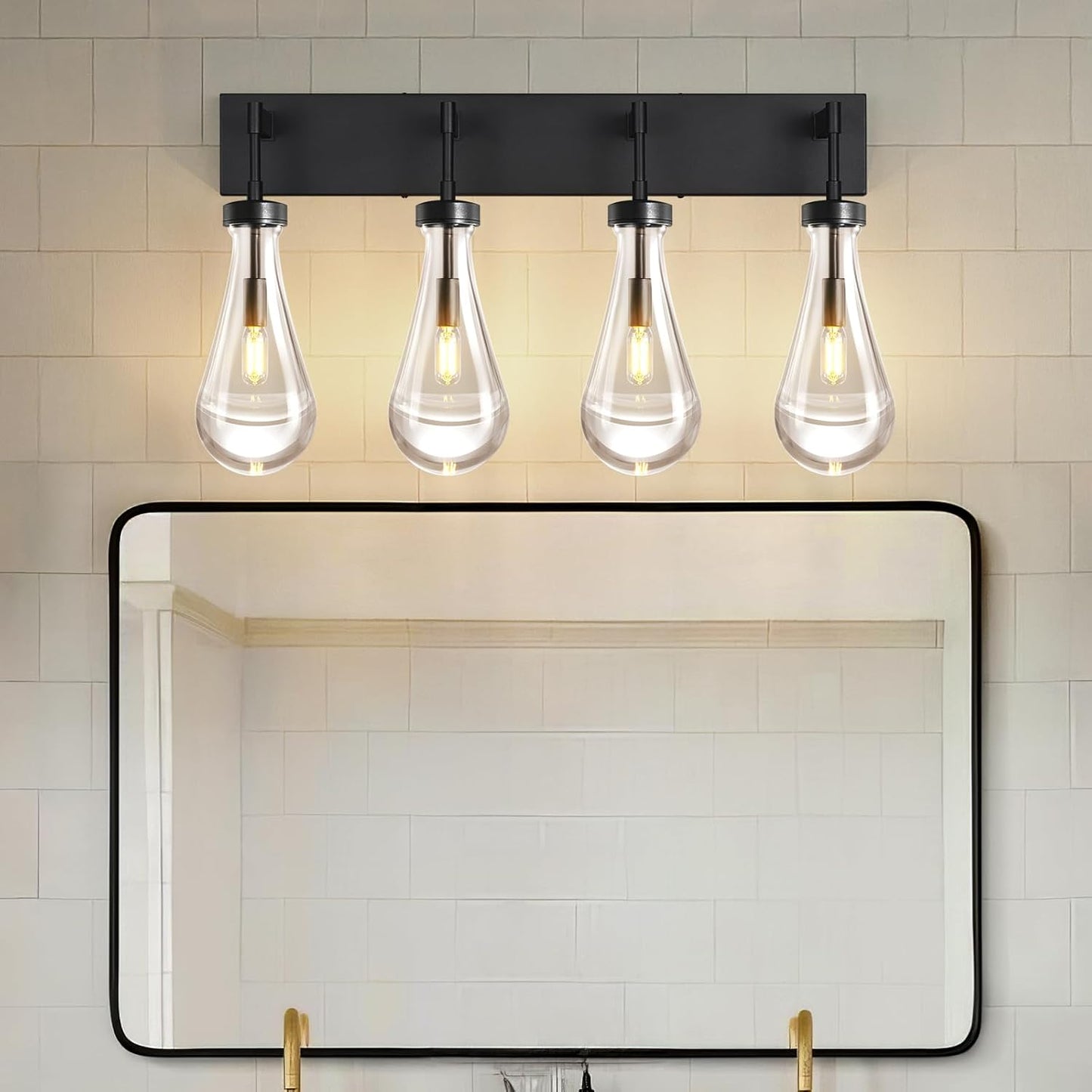 Raindrop Wall Sconces Black Crystal Sconces Wall Decor Modern Lighting Glass Bathroom Sconces Indoor Vanity Light Wall Lamp for Bedroom Living Room Stair(4-Light)
