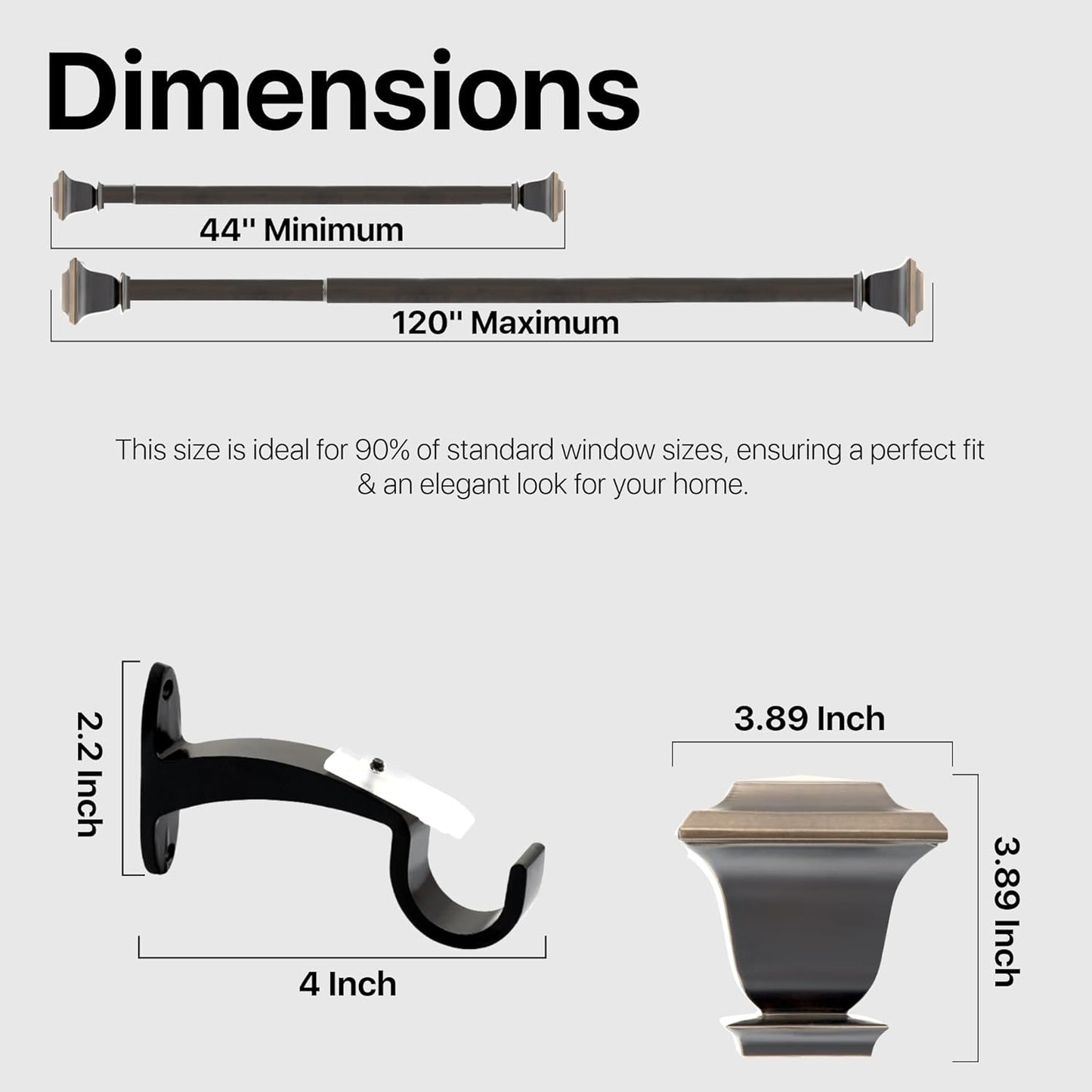 Deco Window Adjustable Curtain Rod for Windows 44 to 120 Inch (Pack of 1) Extendable Heavy Duty 1 Inch Iron Drapery Pole with Finials Wall Mounted French Door Curtain Rods (Bronze)