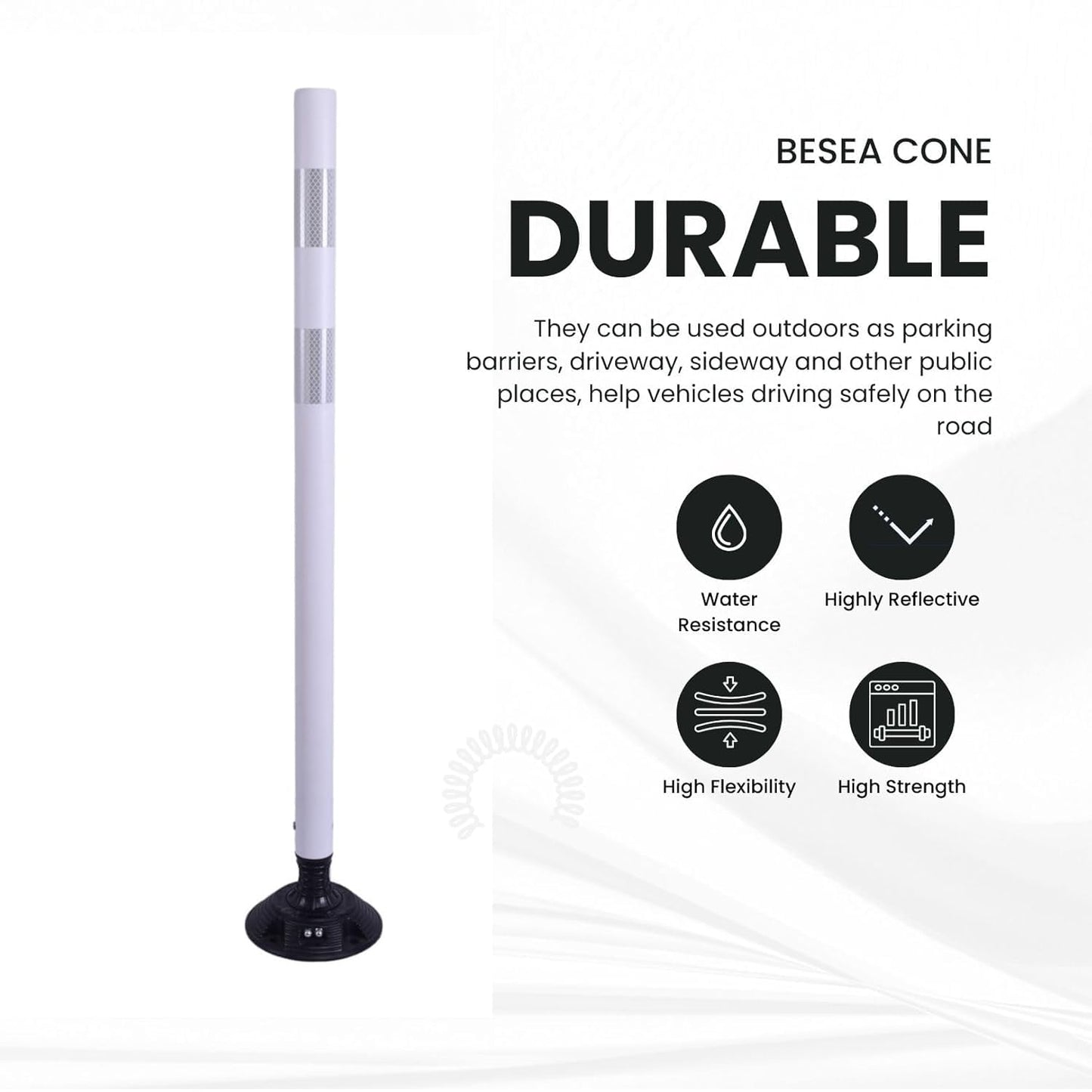 BESEA 8 Pack 36 Inch Traffic Delineator Posts with Reflective Collars White Road Cones,White Durable Flexible Safety Cones for Construction, Parking Lot, and Roadway Use