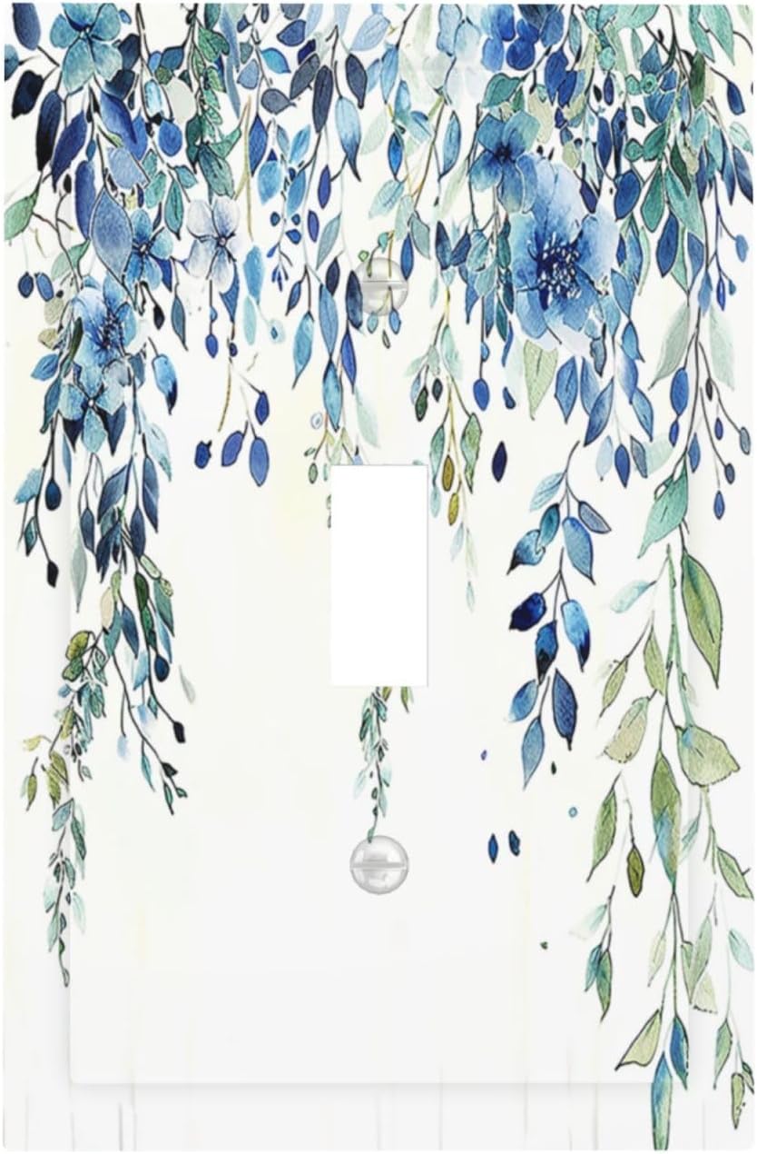 Decorative Light Switch Cover Boho Vintage Flowers Blue Green Sage 1 Gang Single Toggle Device Electrical Faceplate Switchplates Decorator Outlet Wall Plate for Bedroom Farmhouse Decor