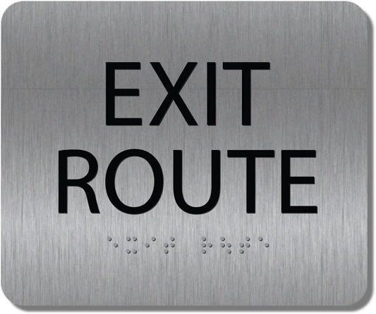 ALPHA DOG ADA SIGNS - Exit Route Sign with Braille for Your Business, 5x6 Inch, ADA Compliant, Indoor or Outdoor, Easy Installation, Made in the USA, Brushed Metal