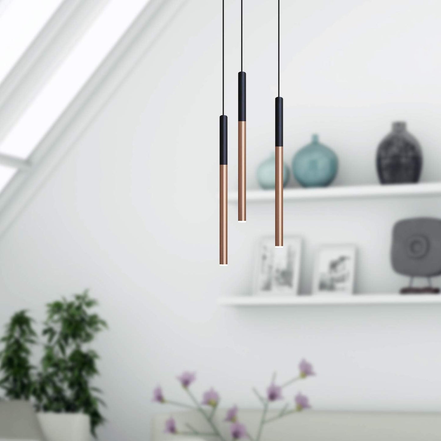 ALTAIR 3 Mini Pendant Lighting Black-Copper - LED Hanging Light Fixture for Kitchen Island, Bar, Foyer - Cluster Pendants - Dimmable, Adjustable Wire, Lamp Bulb Included