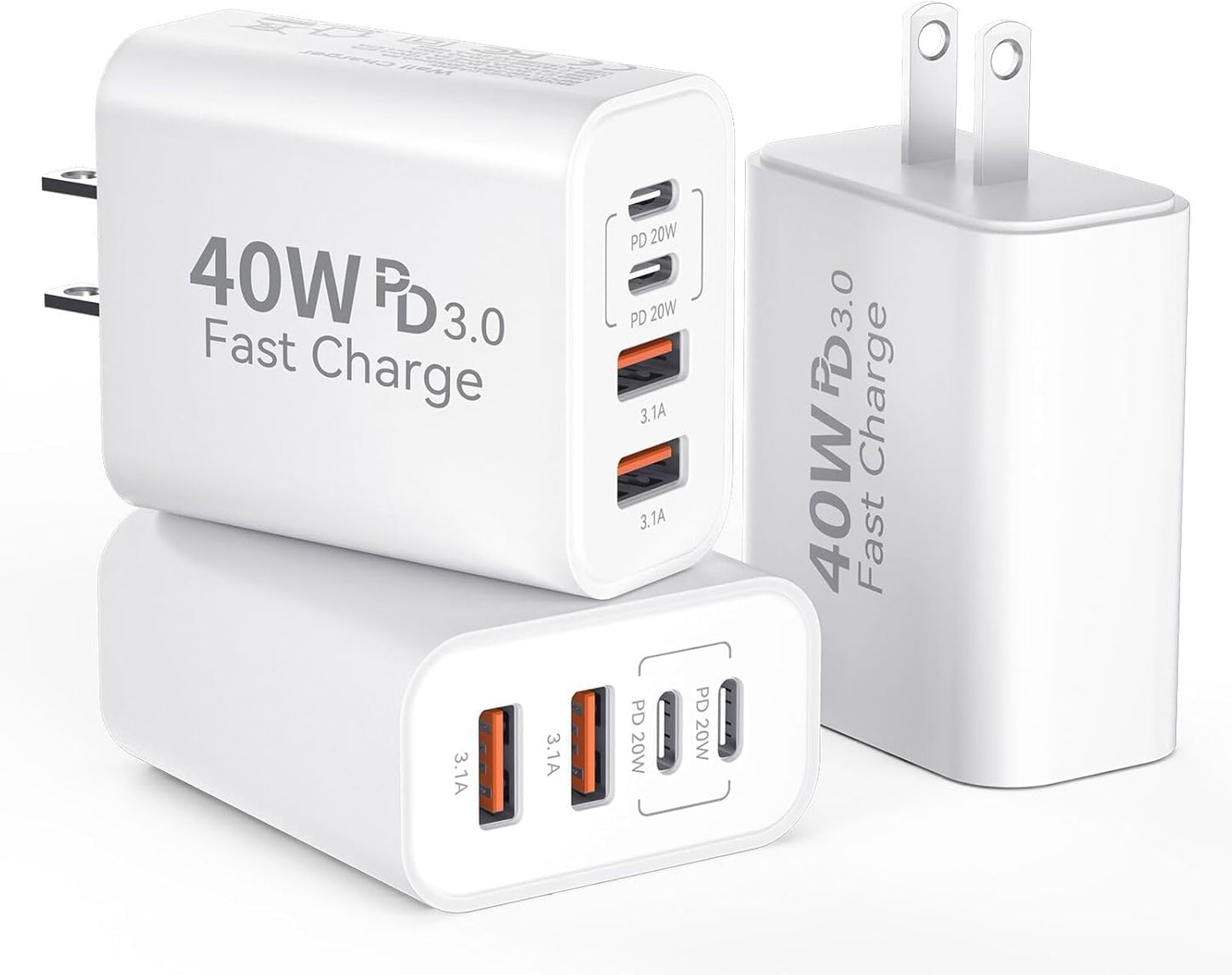 USB C Wall Fast Charger Block, 40W 4-Port Type C Chargers Fast Charging Blocks PD Power Charger Adapter+QC 3.0 USB Multiport Charger Brick for Phone 17/16/15/14/13/12 Pro Max, i-Pad, Galaxy S25-3Pack