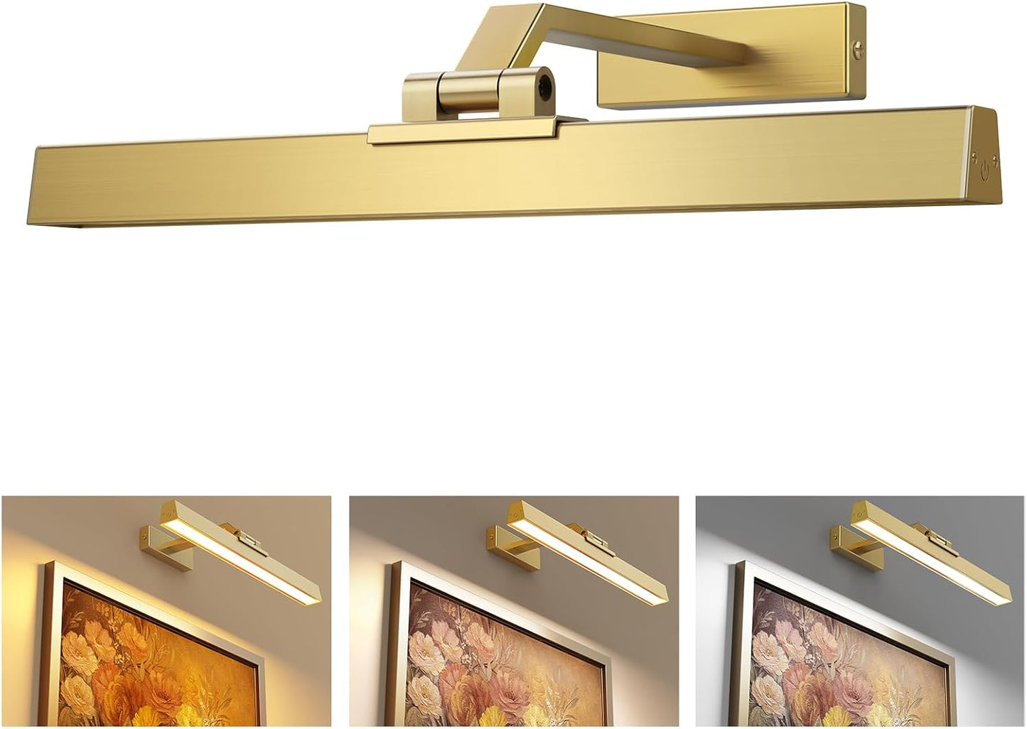 Picture Lights for Wall, Brushed Gold Battery Operated Picture Light 16in Art Light CCT Dimmable Recharging Battery Wall Light with Remote Control for Living Room Gallery