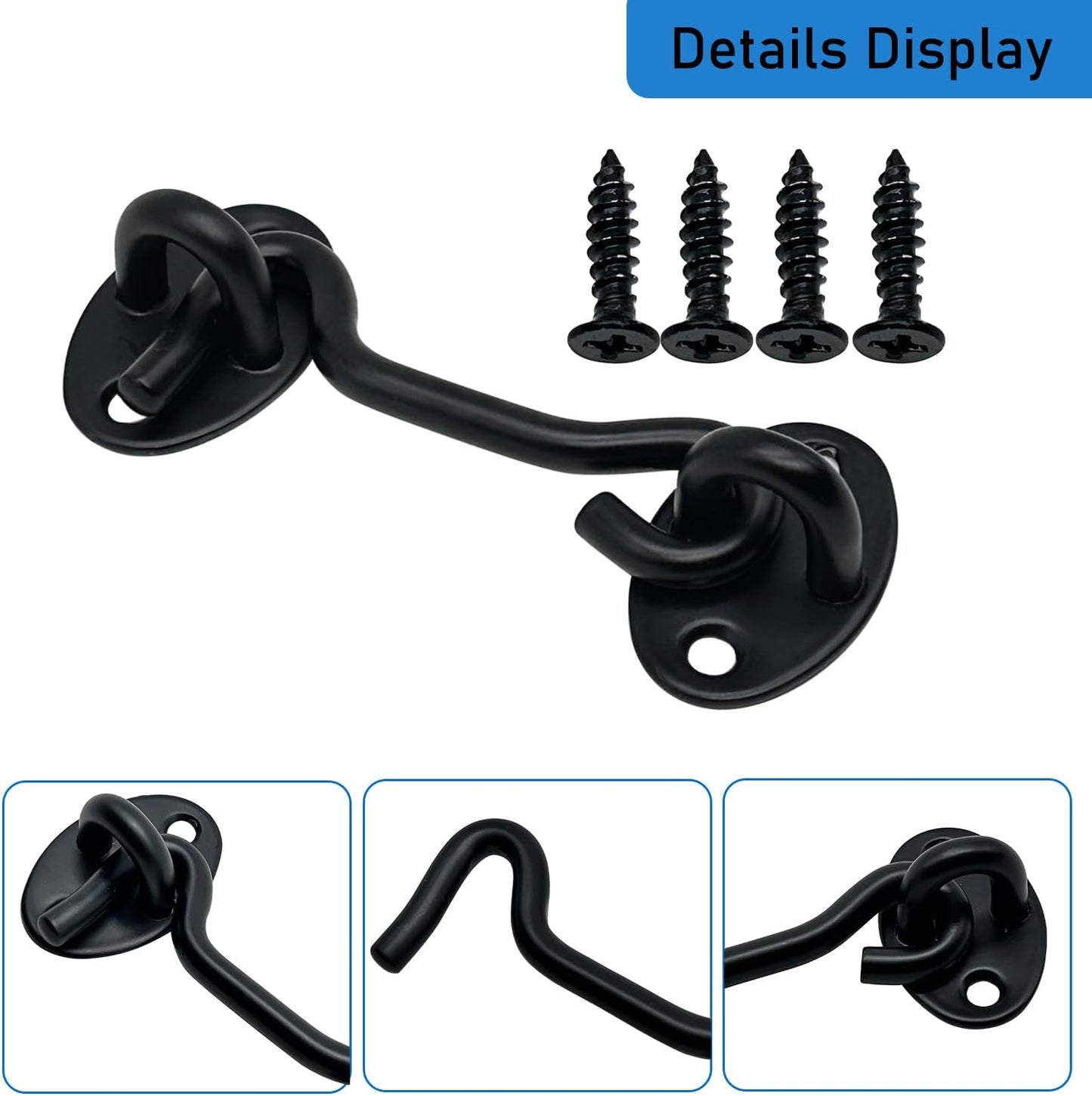 4-Pack 3Inch Door Lock Gate Latch Premium Stainless Steel Hook and Eye Gate Latch Cabin Hook with 16pcs Screws, Black