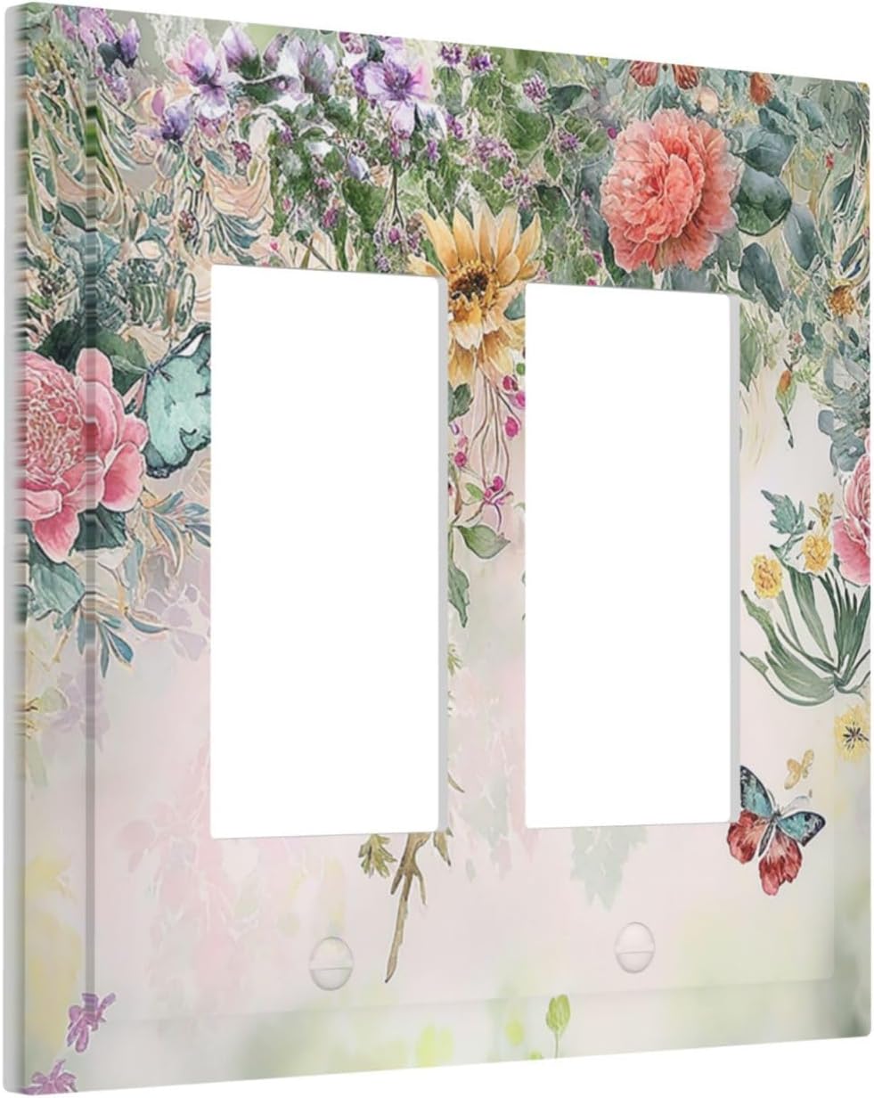 Rustic Floral Watercolor Flower Blossom Butterfly Outlet Covers Light Switch Cover Plate 2 Gang Double Rocker Wall Plates Decorative Switch Plates Plug Cover Electrical GFCI Receptacle 4.9 X 5 IN