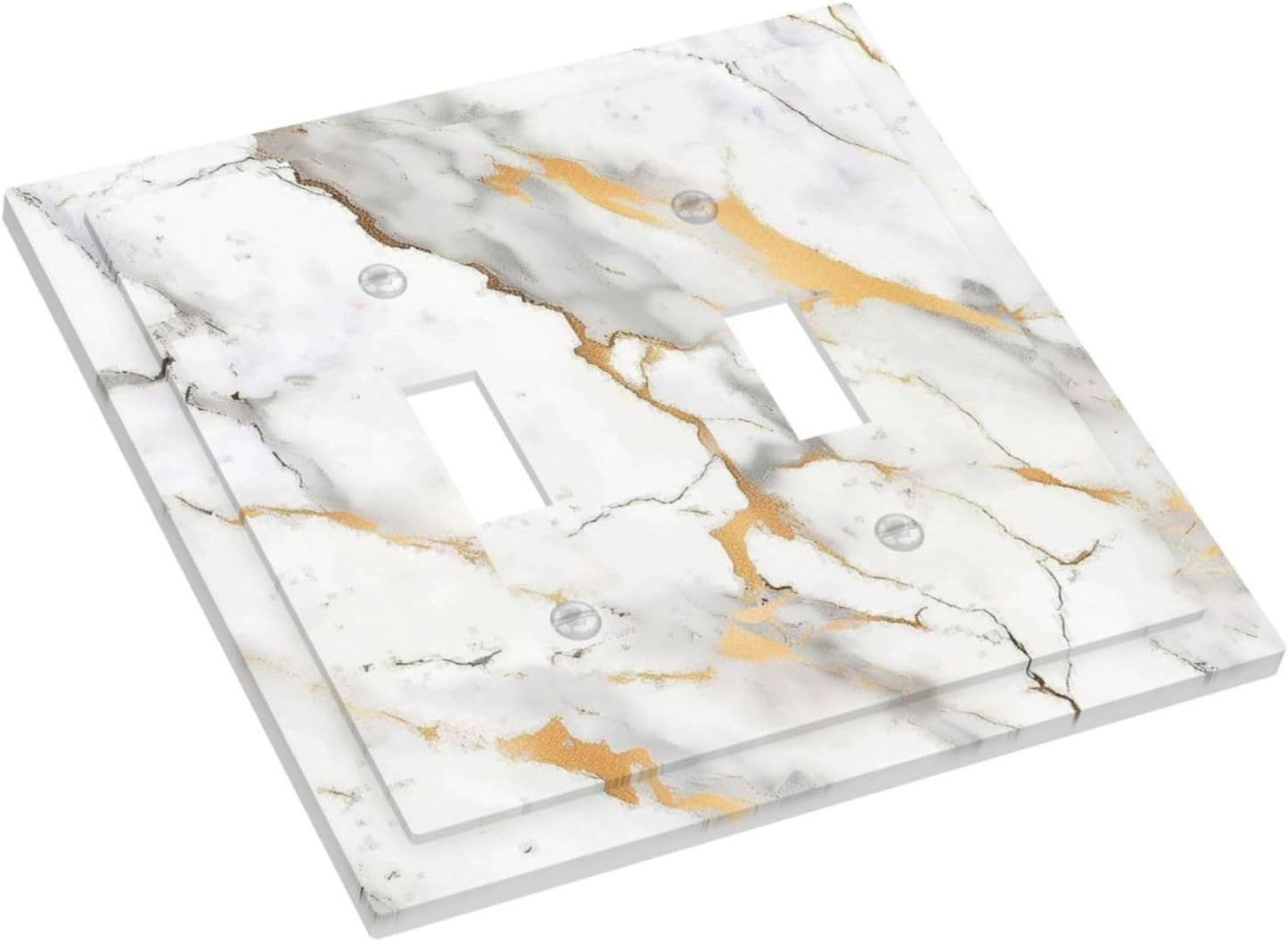 Decorative Switch Plates Marbling Style White Background Gold Gray Stripes 2 Gang Double Toggle Outlet Light Switch Cover Wall Plate Electrical Faceplate For Bathroom Kitchen Decor