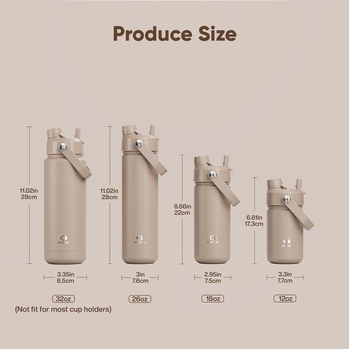 ENCOOL Insulated Water Bottle with Straw Stainless Steel Water Bottle, Leak-Proof, BPA-Free, Double Wall Vacuum Keeps Cold for 24 Hours for Sports, Travel, School (32 oz, Raw Umber)