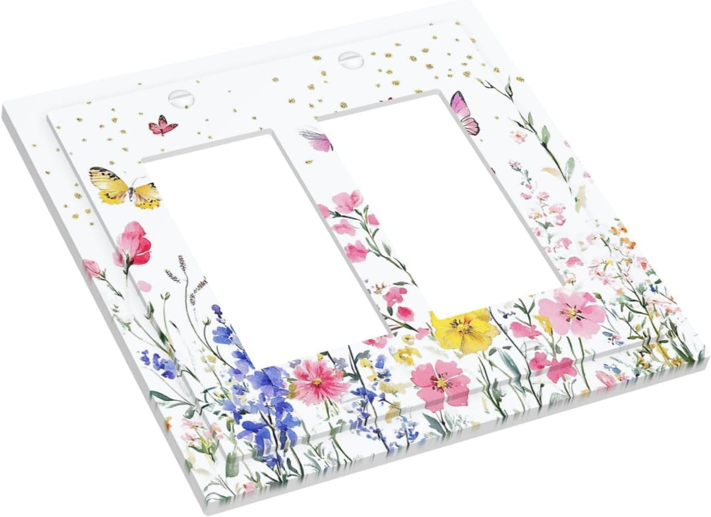 Decorative Outlet Covers Watercolor Floral Butterfly Colorful Wildflower 2 Gang Double Gfci Rocker Electrical Wall Panels Light Switch Cover Plate For Bed Room Living Room Decor