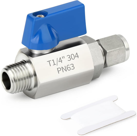 TAISHER 1PCS 304 Stainless Steel Compression Mini Ball Valve Shut Off Switch, 1/4" Tube OD x 1/4" NPT Male