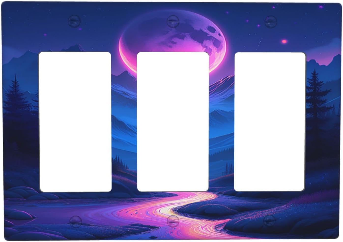 Purple Cyberpunk River Full Moon Mountain Forest Light Switch Covers 3 Gang Rocker Decorative Triple Outlet Wall Plate Cover Electrical GFCI Switchplate for Bedroom Bathroom Decor