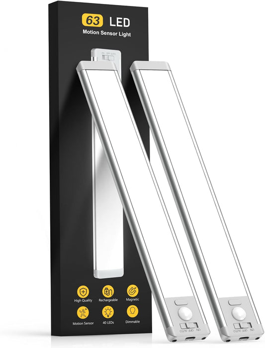 Under Cabinet Lighting, 14.7" Rechargeable Motion Sensor Light Indoor, 2 Pack Magnetic Dimmable Closet Lights, Wireless Under Counter Lights for Kitchen, Stairs,Hallway