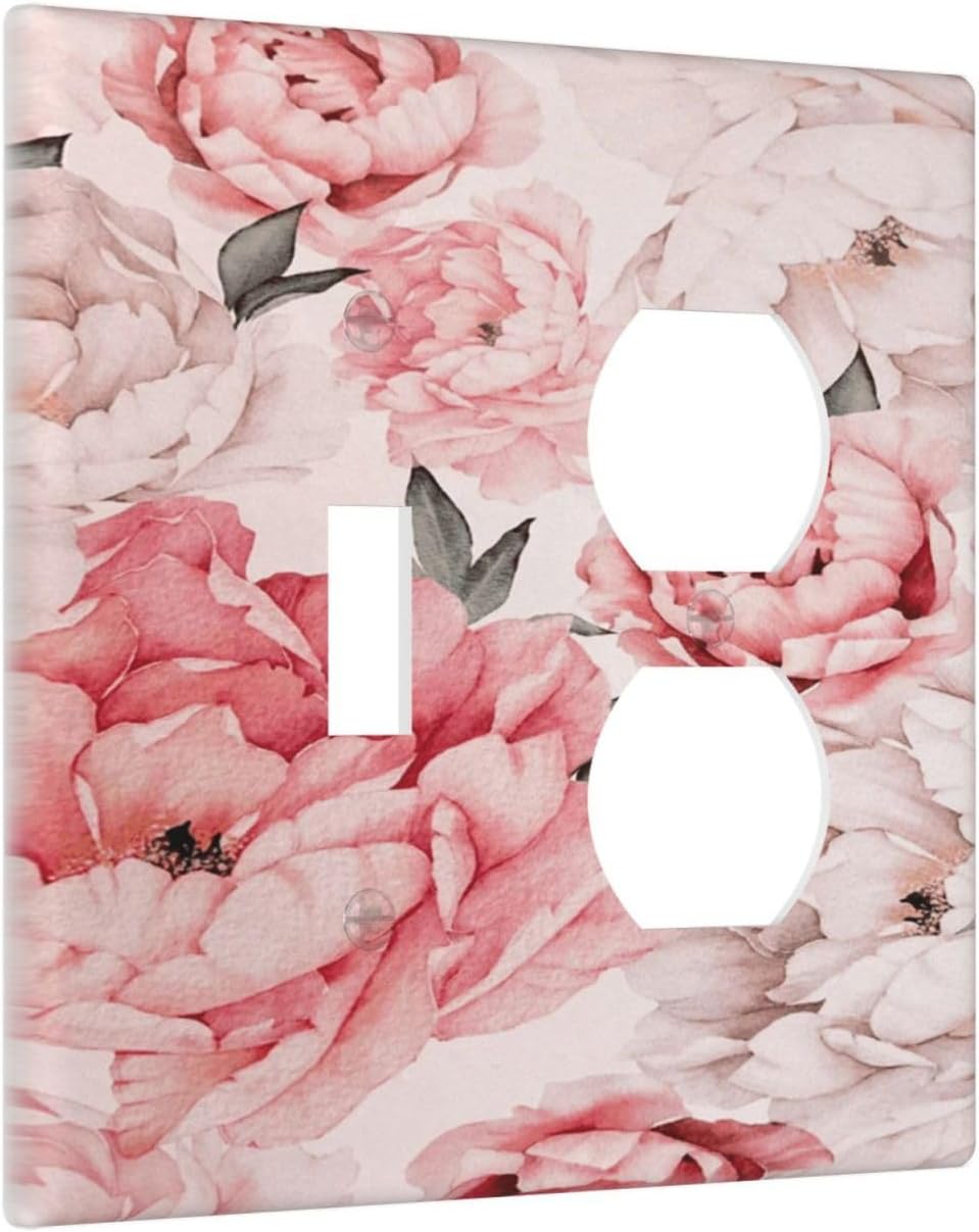 Decorative Outlet Covers Ink Pink Peony Flower Rustic Floral 2 Gang Wall Plate Single Toggle Duplex Light Switch Cover Switch Plate Covers Faceplate for Home Bedroom Decor