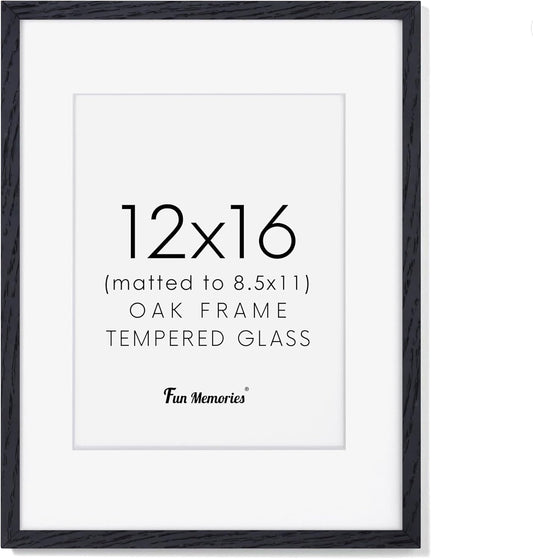 Black Picture Frame 12x16, Oak Wood 12"x16" Photo Frame for Wall, 12x16 Frame with Mat for 8.5x11, 12 x 16 Poster Frames - Tempered Glass (Black, 1 Pack)