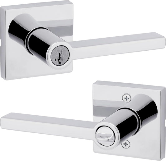 Kwikset Halifax Entry Door Handle with Lock and Key, Secure Keyed Reversible Lever Exterior, Doorlock, For Front Entrance and Bedrooms, Polished Chrome, Pick Resistant Smartkey Rekey Security