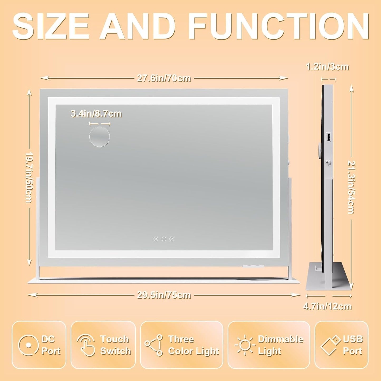 Hasipu Vanity Mirror with Lights, 28" x 20" LED Makeup Mirror, Light up Mirror with 10X Magnification and Phone Holder, USB Charging Port, Smart Touch 3 Colors Dimmable, 360° Rotation (White)