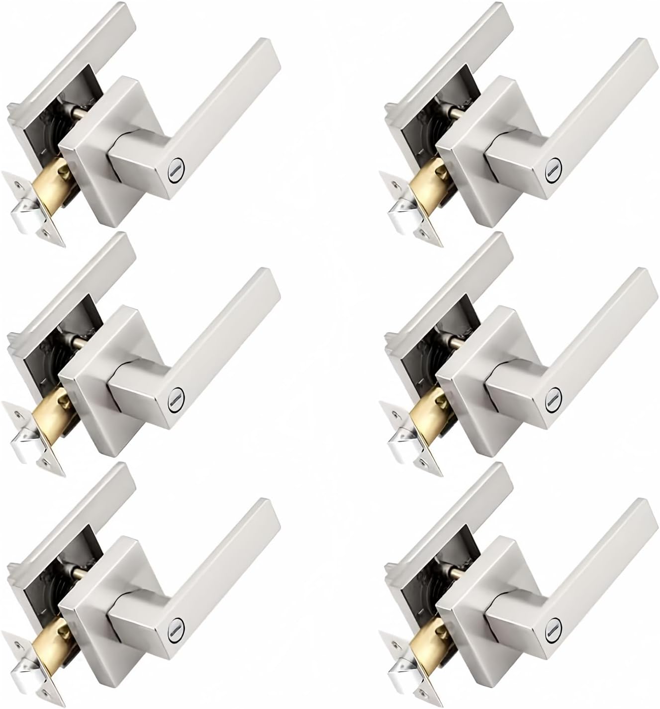 Probrico Interior Brushed Nickel Door Handle, Heavy Duty, Flat Square Privacy Door Handles, Keyless Door Levers Lockset for Bedroom and Bathroom (6 Pack, Modern)