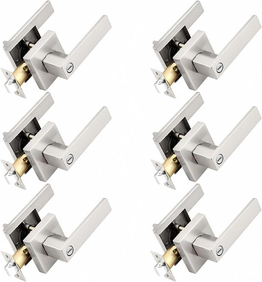 Probrico Interior Brushed Nickel Door Handle, Heavy Duty, Flat Square Privacy Door Handles, Keyless Door Levers Lockset for Bedroom and Bathroom (6 Pack, Modern)