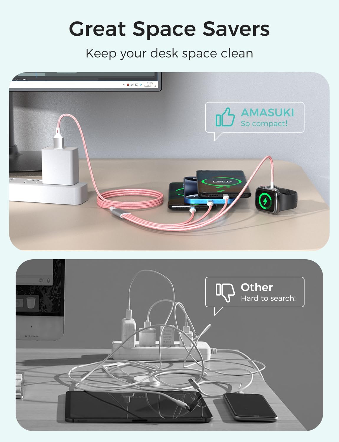 Travel Essentials,4 in 1 for Apple Watch Charger/iPhone Charger/Multi Charging Cable,Vacation RV Camping Essentials,USB C/L/Micro Portable Charger for iWatch 11-1/iPhone 17-12,Car&Gift-Pink