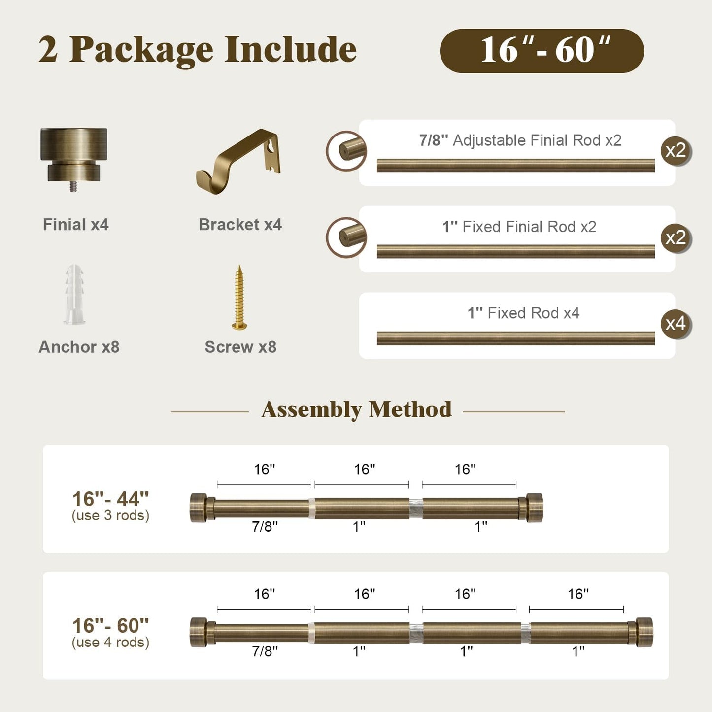 Oneach 2-Pack Antique Bronze Curtain Rods for Windows 28 to 48 Inch, 1 Inch Pole Adjustable Curtain Rod with Easy Installation and Modern Design (16 to 60 Inch)