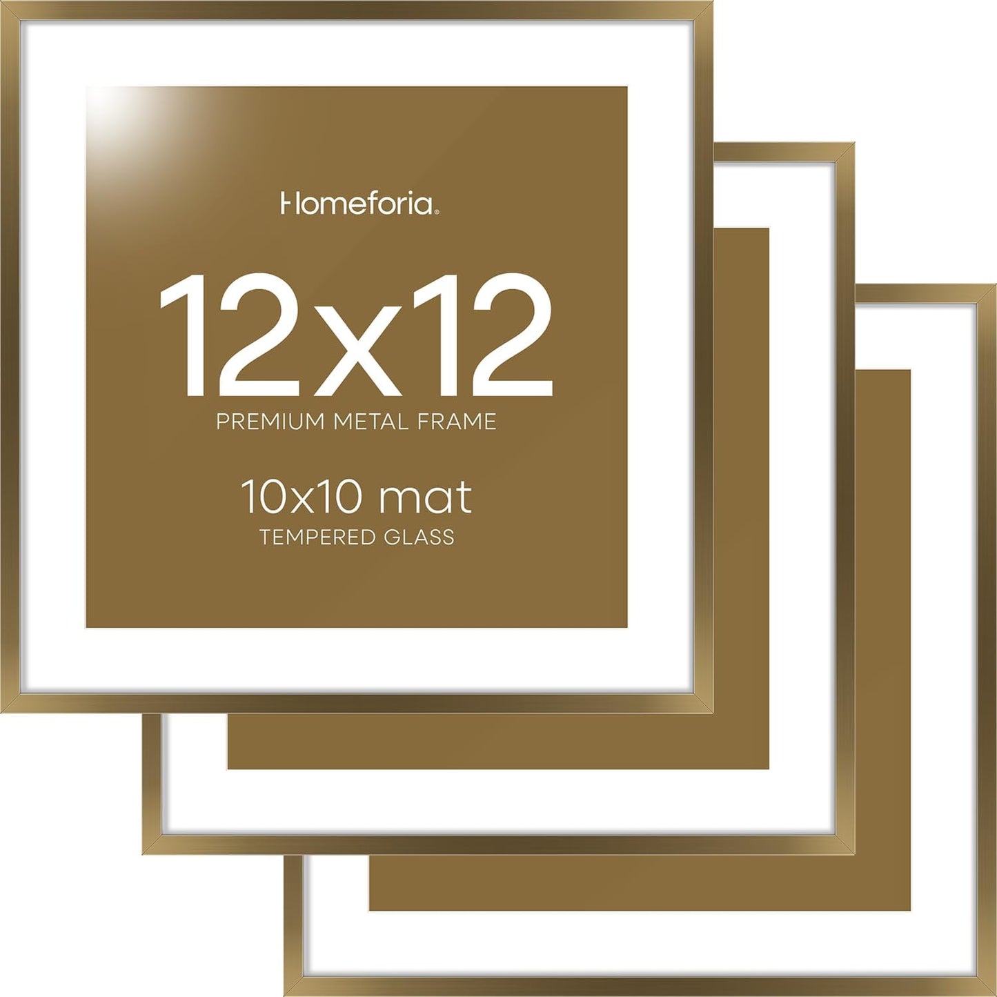 Homeforia 12x12 Picture Frame Bronze, High End Metal 12 x 12 Square Poster Frame with Mat 10 x 10 Photo, 12x12 Brass Frame Matted to 10x10 Print, 12by12 Thin Frames, Tempered Glass, Wall Kit, Set of 3