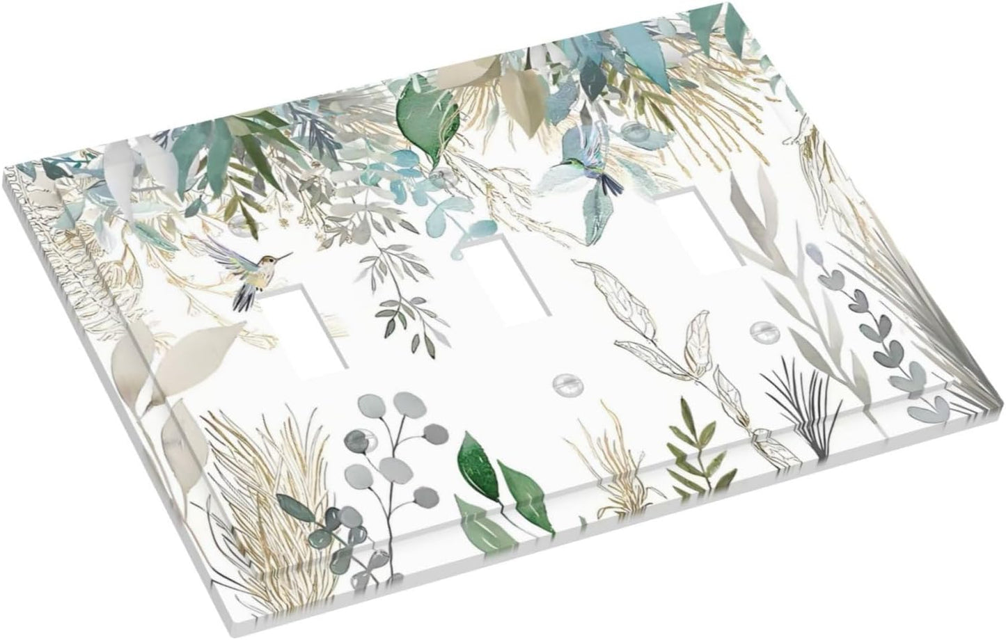 Green Tropical Palm Leaves Flower Plants Hummingbird Decorative Switch Plates 3 Gang Wall Plate Triple Toggle Light Switch Cover Faceplate Electrical Wall Panels for Bed Room Living Room Decor