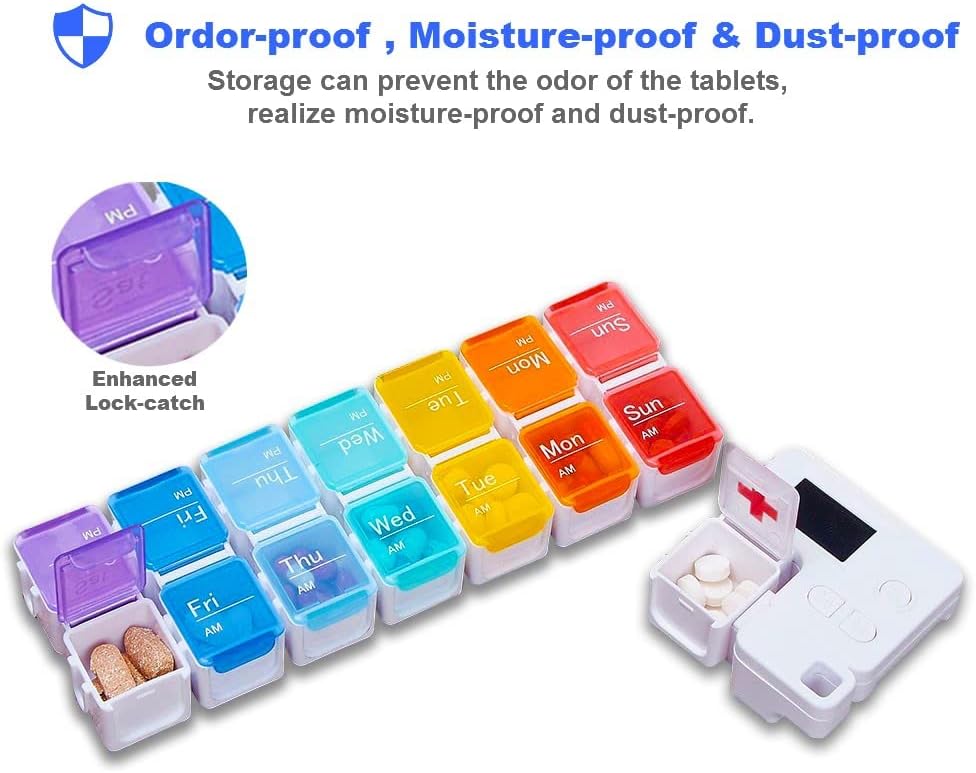 7 Day Medicine Pill Organizer, 4 Reminder Alarms, Loud Sound, 14 Large Compartments, Large Screen, Moisture-Proof, Travel Weekly/Daily Pill Box/Organizer/Case/Container/Dispenser, AM/PM 2 Times a Day