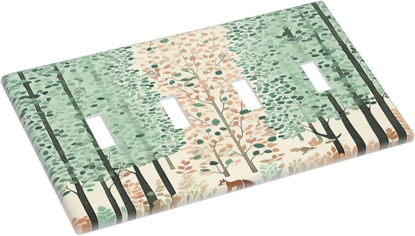 Boho Wildflower Forest Woodland Animals Light Switch Covers Quad Toggle 4 Gang Wall Plate Decorative Switch Plates Electrical Faceplate for Bedroom Bathroom Decor