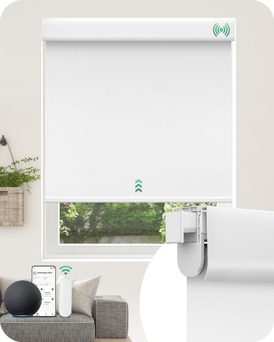 Allesin No Drill Motorized Roller Blinds – Rechargeable Electic Blackout Shades with Cassette Cover, Utral-Quiet Motor, Automatic Blind with Remote for Indoor Windows (White, 28" W x 72" H)