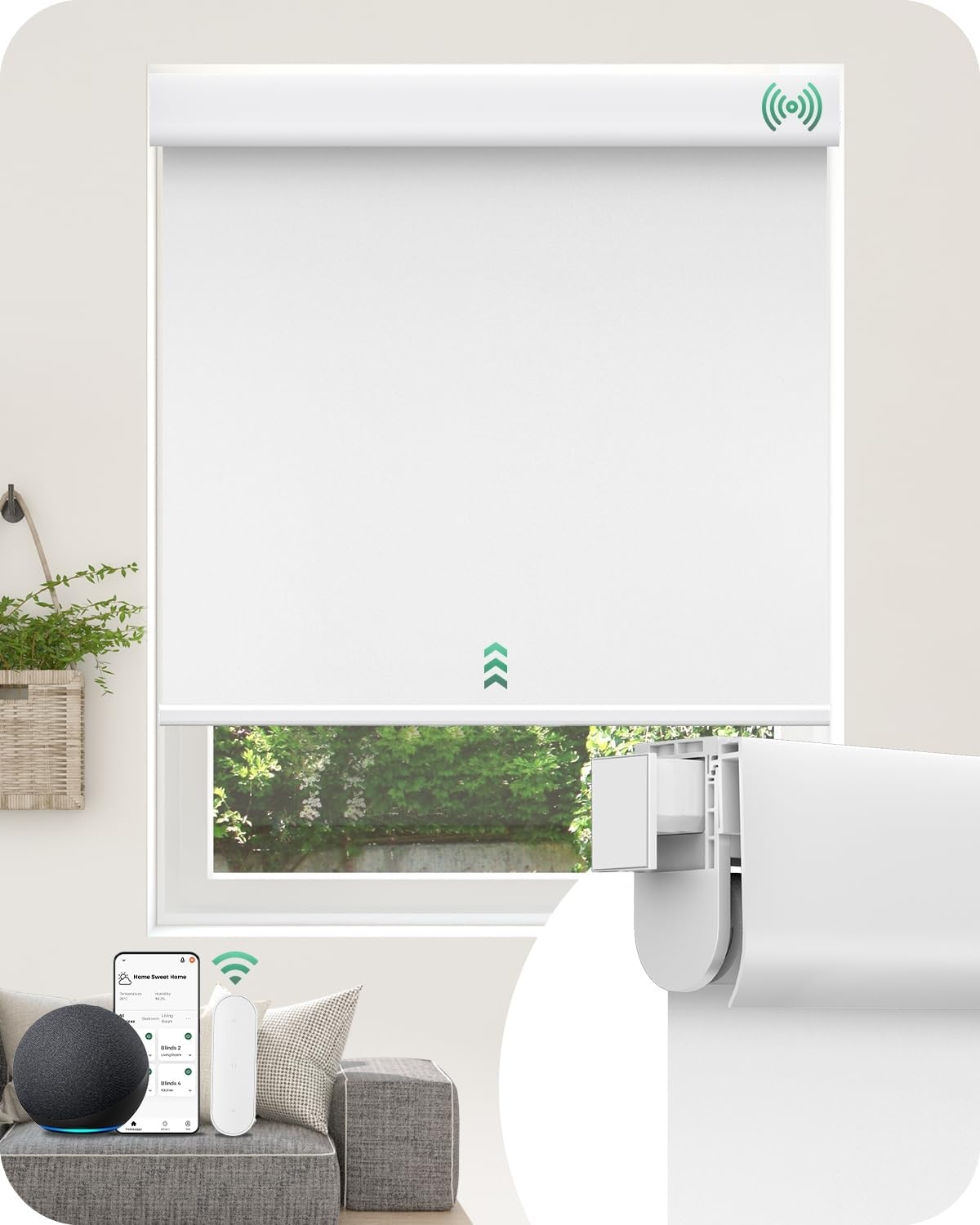 Allesin No Drill Motorized Roller Blinds – Rechargeable Electic Blackout Shades with Cassette Cover, Utral-Quiet Motor, Automatic Blind with Remote for Indoor Windows (White, 46" W x 72" H)