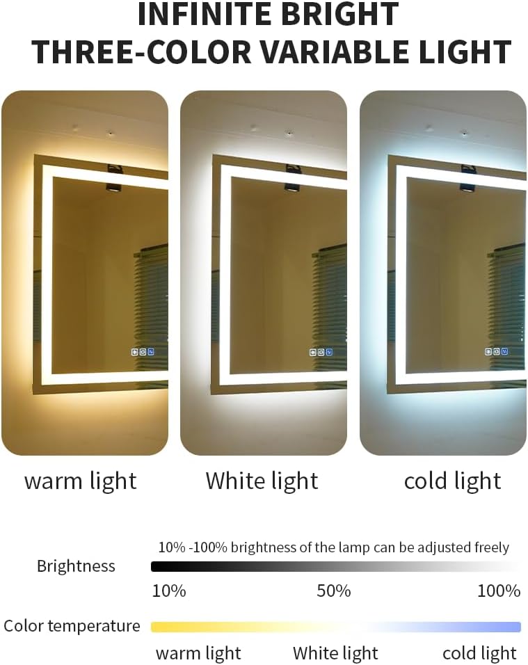 20 * 28inches LED Mirror, Smart Bathroom Mirror with Lights, Anti-Fog, Tempered Glass, 3 Colors Dimmable, Front and Backlit, CRI 90+, Wall Mounted, Memory