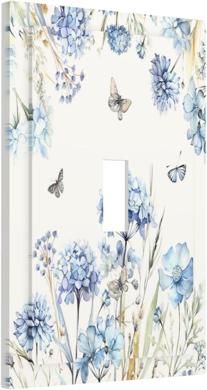 Decorative Light Switch Cover Blue Floral Hydrangea Plants 1 Gang Single Toggle Decorator Outlet Wall Plate Device Electrical Faceplate Switchplates for Bedroom Home Decor