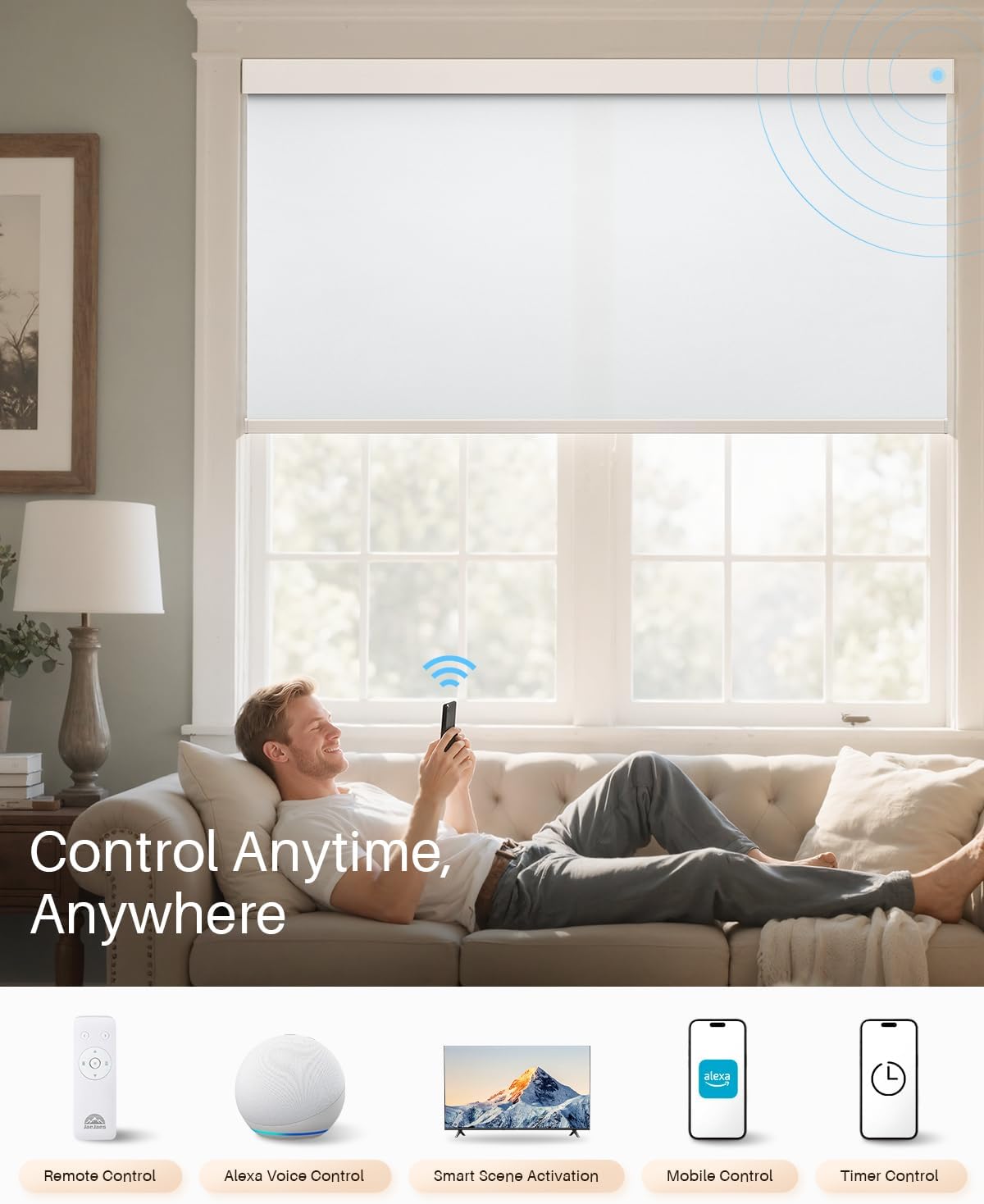 Smart Roller Shades for Windows, Alexa Blackout Motorized Blinds with Remote Control, Easy Install Automatic Electric Blinds for Indoor (42" W x 72" H, White)