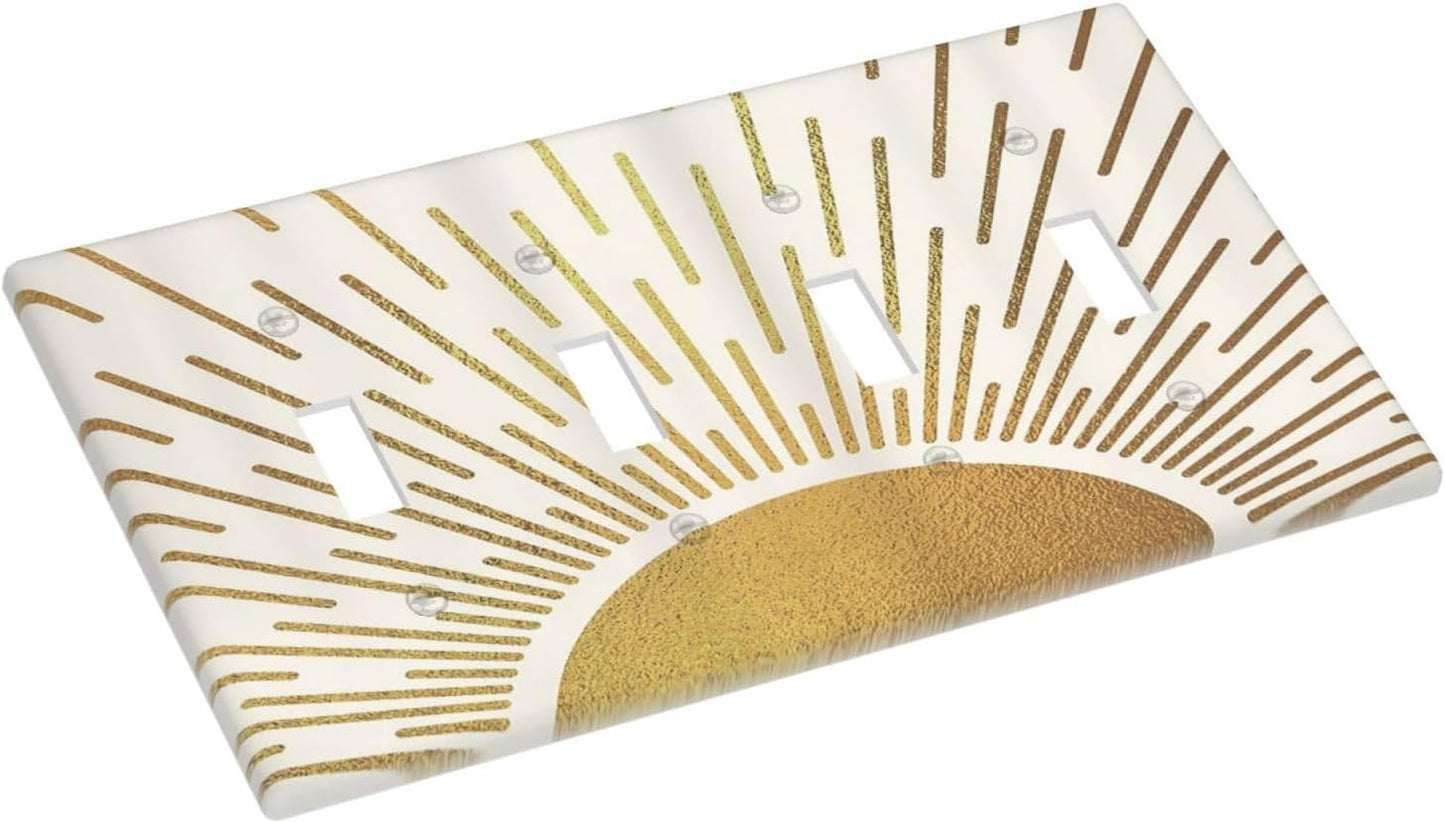Decorative Light Switch Cover Plate Boho Mid Century Gold Sun Sunbeams 4 Gang Wall Plates for Electrical Outlets Quad Toggle Switch Plate Covers Outlet Covers Faceplate for Home Decor