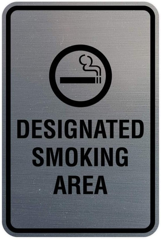 Signs ByLITA Portrait Round Designated Smoking Area Sign with Adhesive Tape, Mounts On Any Surface, Weather Resistant, Indoor/Outdoor Use (Brushed Silver) - Medium