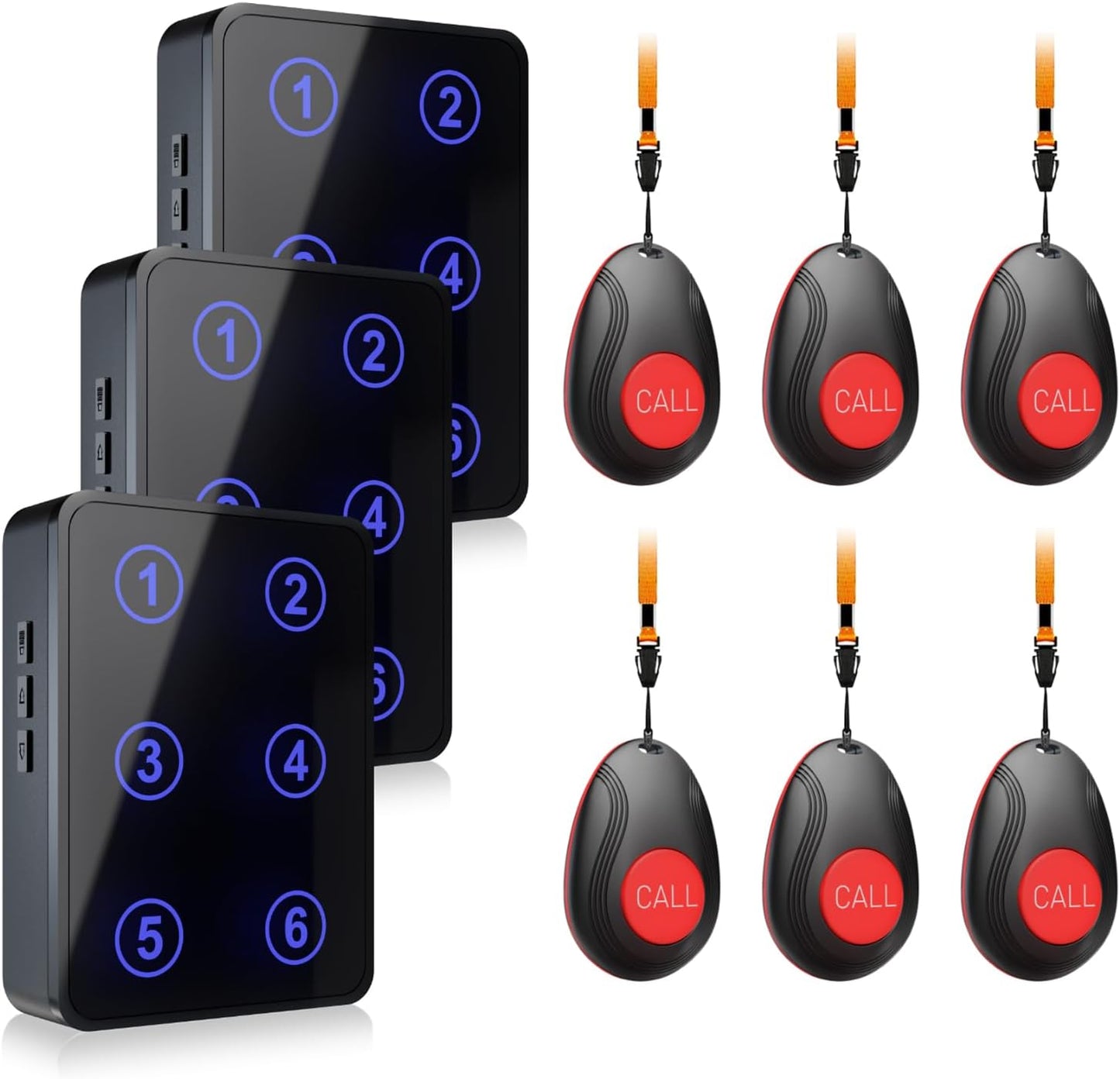 CallToU Wireless Call Button Caregiver Pager Nurse Call System for Elderly/Patients at Home/Hospital with Voice Announcements and LED Number Display (6 Waterproof Call Button & 3 Receiver)