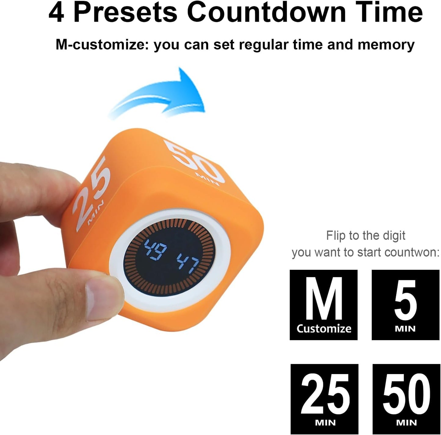 Rotating Cube Visual Pomodoro Timer 5, 25, 10 50 Minutes Preset + Custom Countdown, Rechargeable Desk Productivity Flip Timer with Detachable Silicone Cover for ADHD Study Work Kitchen School (White)