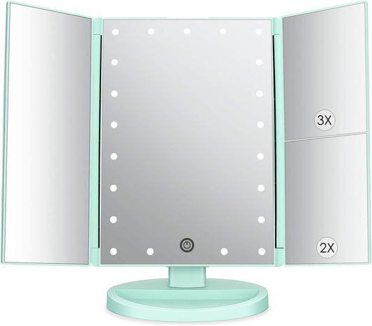 deweisn Tri-Fold Lighted Vanity Tabletop Mount Mirror with 21 LED Lights, Touch Screen and 3X/2X/1X Magnification, Two Power Supply Mode Make up Mirror,Travel Mirror