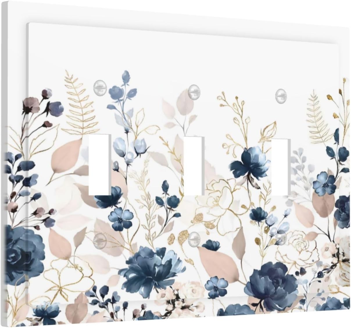 Blue Flora Boho Vintage Flower Golden Leaves Decorative Switch Plates 3 Gang Wall Plate Triple Toggle Light Switch Cover Faceplate Electrical Wall Panels for Bedroom Living Room Decor