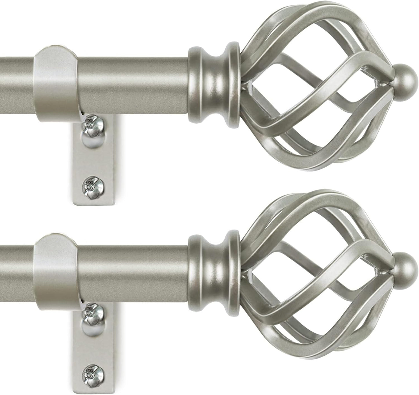 KAMANINA 2 Pack Curtain Rods 32 to 58 Inches (2.6-4.8ft), 3/4 Inch Curtain Rods for Windows Splicing Adjustable Single Drapery Rod with Twisted Cage Finial, for Indoor and Outdoor, Antique Silver