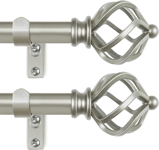 KAMANINA 2 Pack Curtain Rods 32 to 58 Inches (2.6-4.8ft), 3/4 Inch Curtain Rods for Windows Splicing Adjustable Single Drapery Rod with Twisted Cage Finial, for Indoor and Outdoor, Antique Silver
